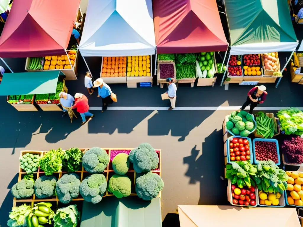 Un mercado agrícola bullicioso lleno de frutas y verduras locales, reflejando la importancia del consumo responsable en la sociedad actual