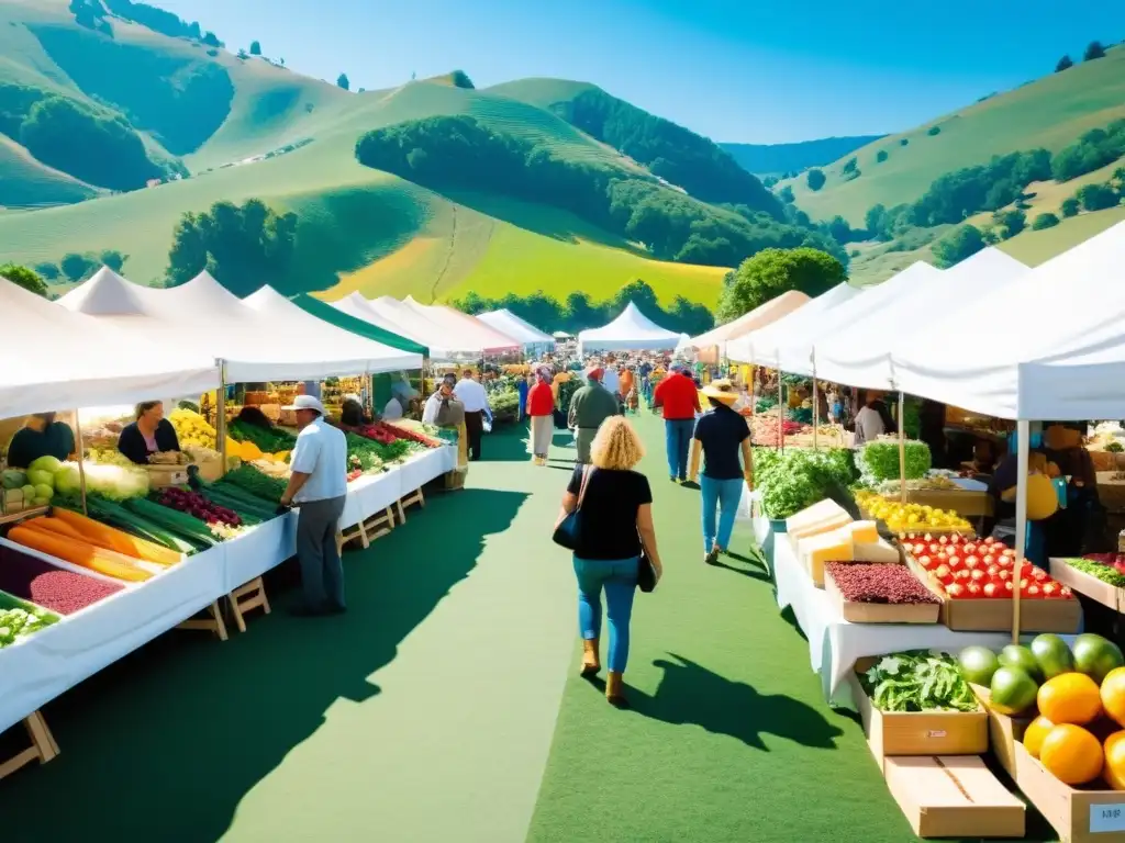 Mercado agrícola bullicioso con productos frescos y coloridos, gente conversando con vendedores