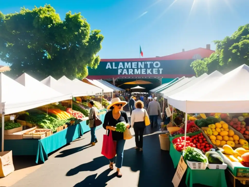 Un mercado bullicioso con productos frescos y coloridos, donde las personas disfrutan de la abundancia de alimentos kilómetro cero, apoyando la economía local y disfrutando de alimentos saludables y sostenibles