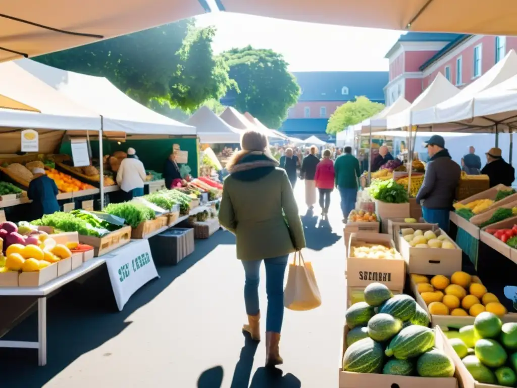 Un mercado bullicioso con productos frescos y coloridos, fomentando prácticas orgánicas y reducir desperdicio alimentario