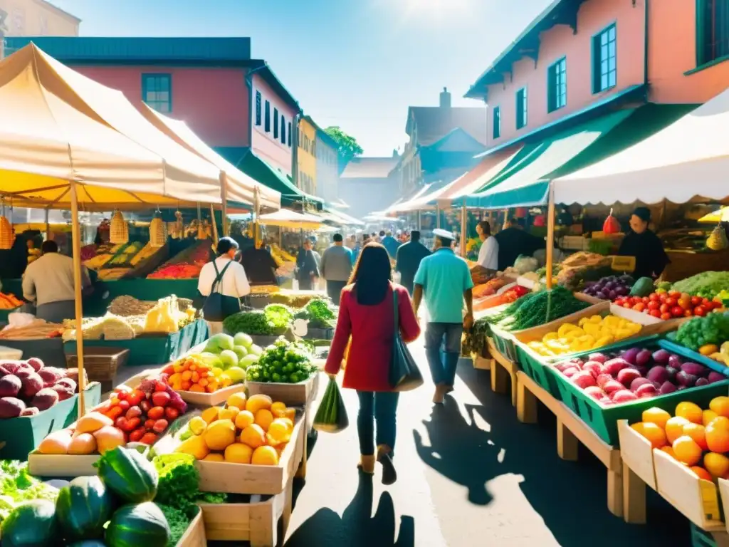 Un mercado bullicioso con productos frescos y coloridos, vendedores ocupados y clientes examinando los productos con interés