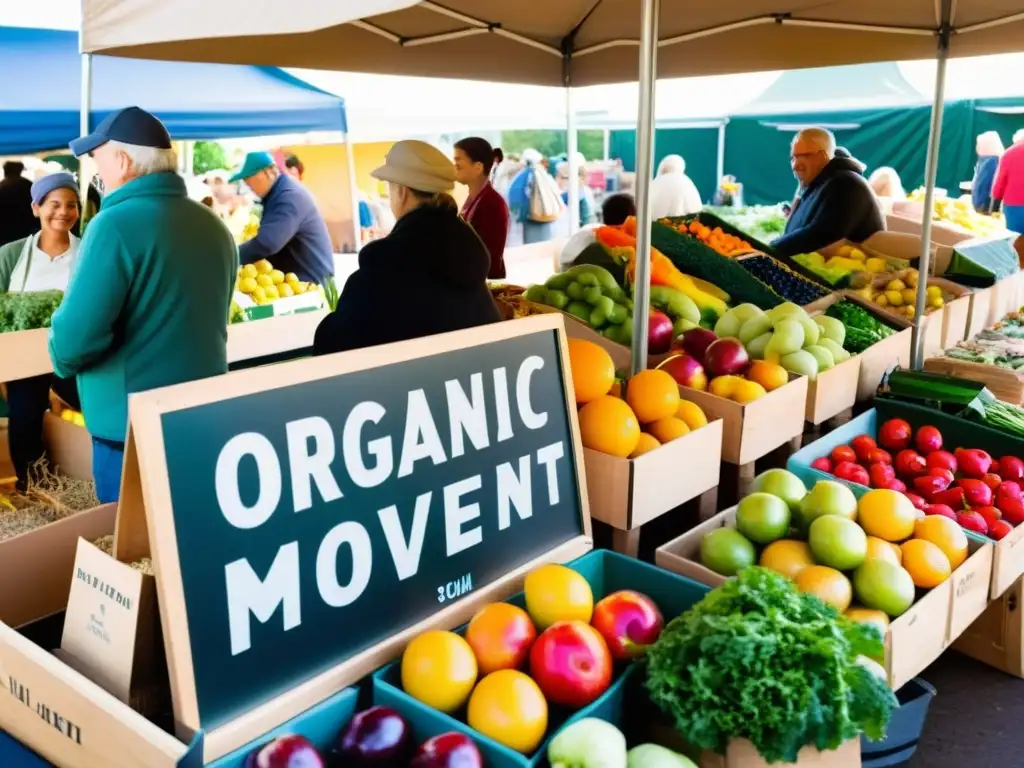 Un mercado agrícola bullicioso con productos orgánicos coloridos, clientes y vendedores conversando bajo la cálida luz del atardecer