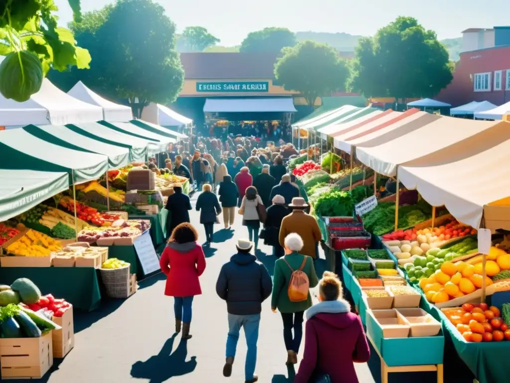 Un mercado bullicioso con puestos de frutas y verduras orgánicas, productores locales y clientes