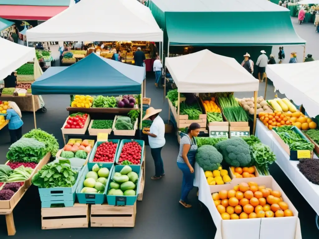 Un mercado agrícola bullicioso, con puestos llenos de productos orgánicos frescos y gente disfrutando de la variedad de alimentos