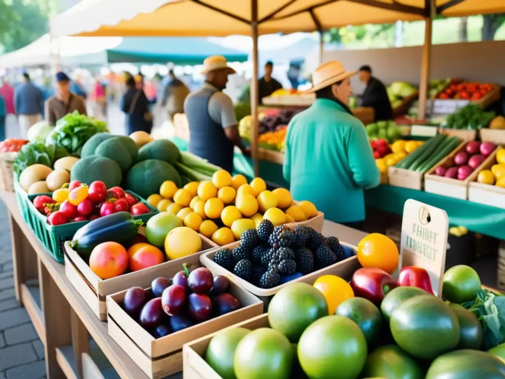 Un mercado lleno de vida con alimentos orgánicos y vibrantes