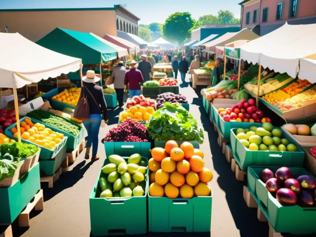 Un mercado orgánico bullicioso y colorido, con frutas frescas, verduras y una conexión entre alimentos orgánicos y salud mental