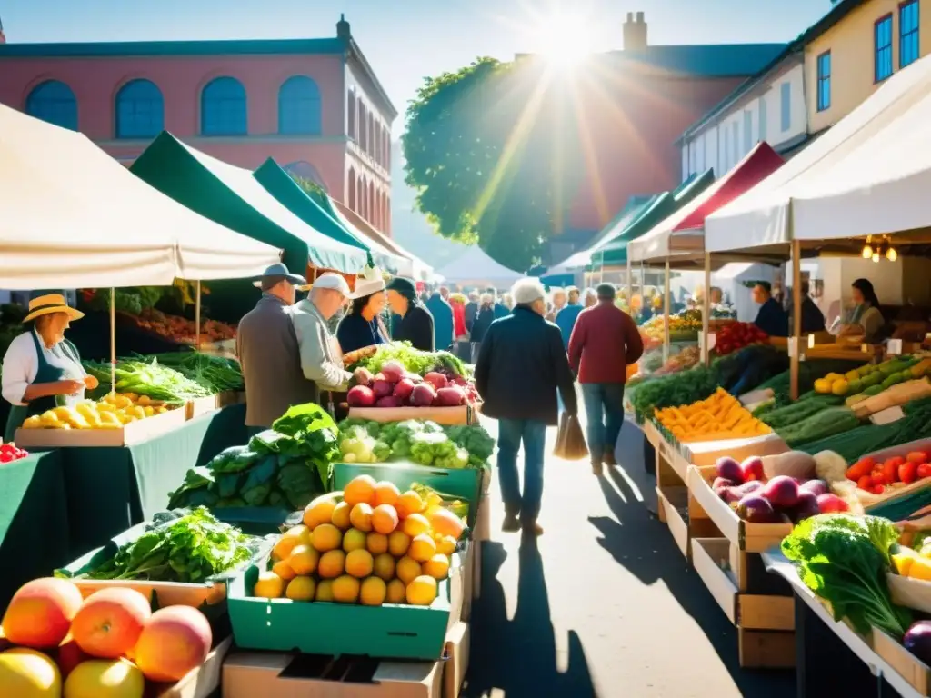 Mercado orgánico: colores vibrantes, productos frescos y comunidad Un mercado orgánico con frutas y verduras coloridas, gente de todas las edades conversando con los vendedores, una atmósfera cálida y comunitaria
