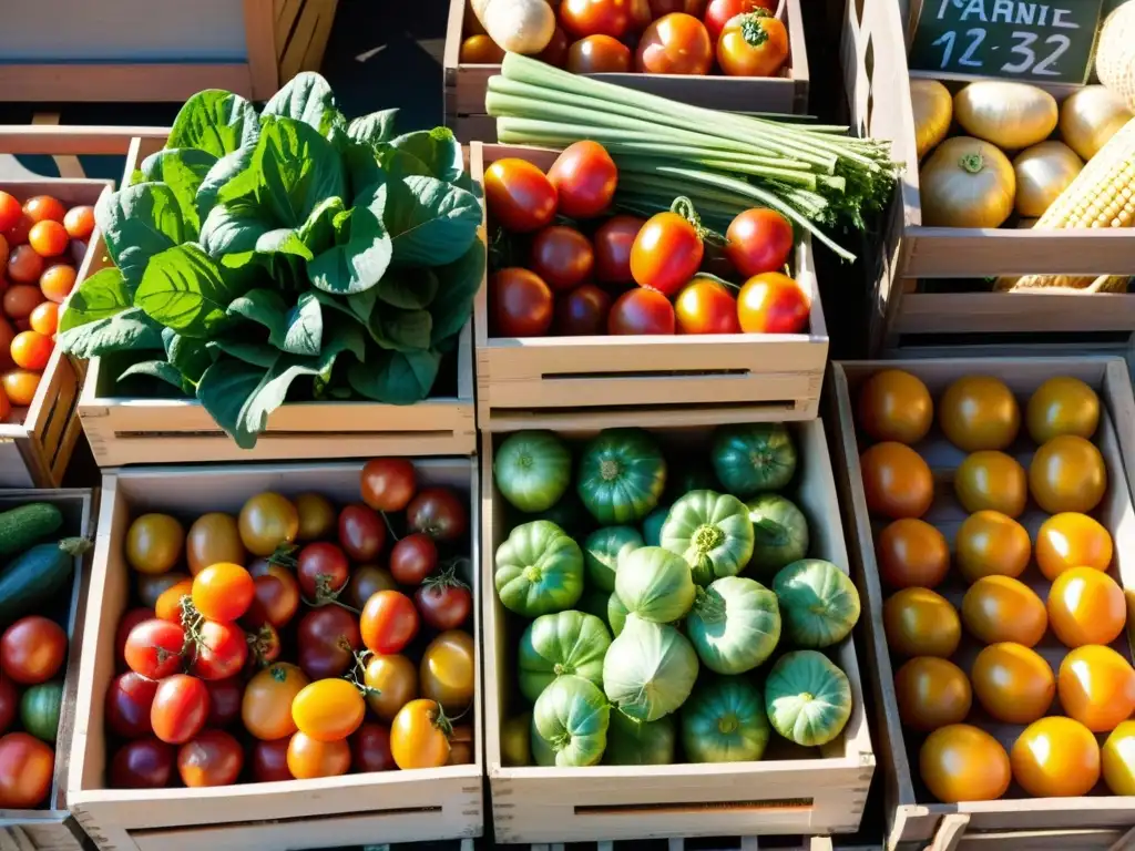 Un mercado orgánico lleno de vida y color, con productos frescos y vibrantes que ofrecen beneficios para la salud