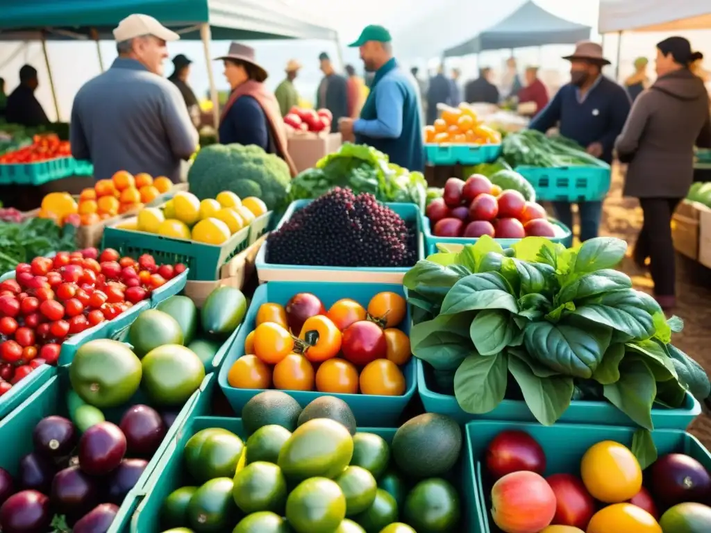 Un mercado orgánico rebosante de frutas y verduras frescas, colores vibrantes y antioxidantes