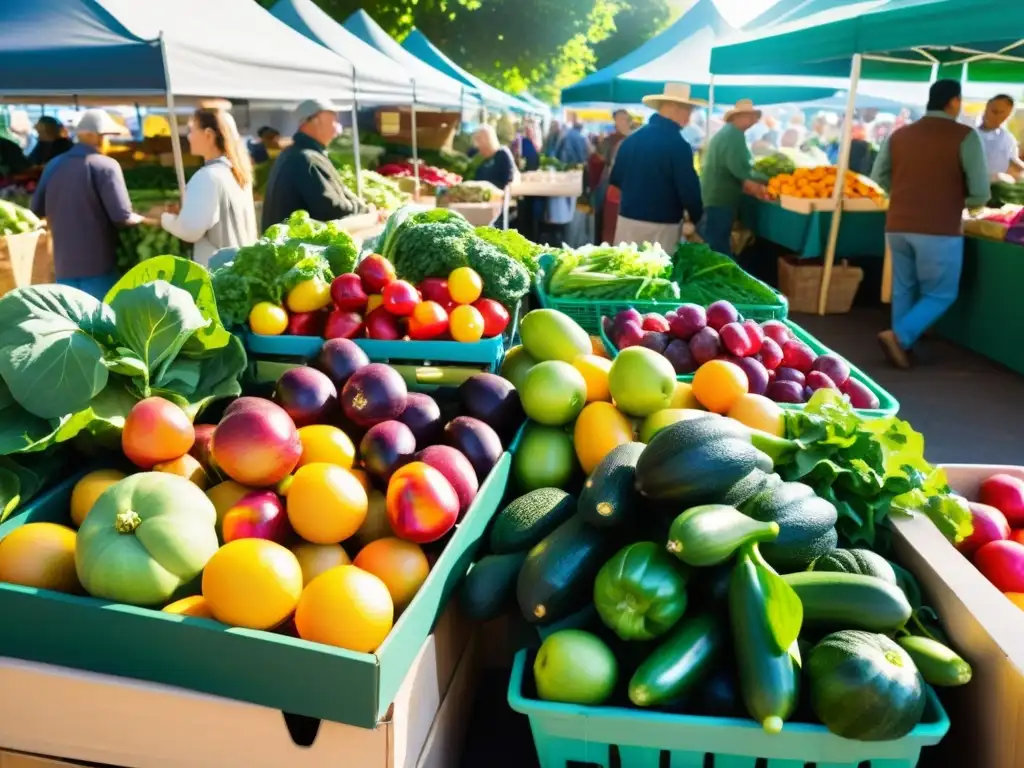 Un mercado orgánico vibrante y bullicioso, con frutas y verduras frescas, gente conversando y una atmósfera de transición a dieta orgánica sin estrés