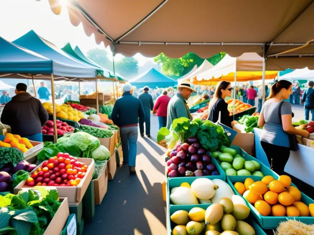 Un mercado orgánico vibrante, lleno de frutas frescas, verduras y productos artesanales