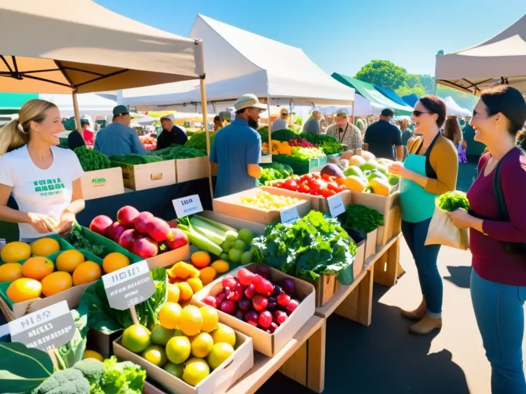 Mercado ecológico: colores, comunidad y sostenibilidad Un mercado vibrante y bullicioso con productos orgánicos coloridos en puestos de madera bajo el cálido sol