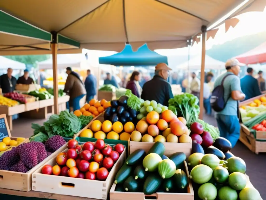 Mercado orgánico lleno de color y vida Un mercado agrícola vibrante y sostenible con frutas y verduras orgánicas, gente diversa y un ambiente acogedor