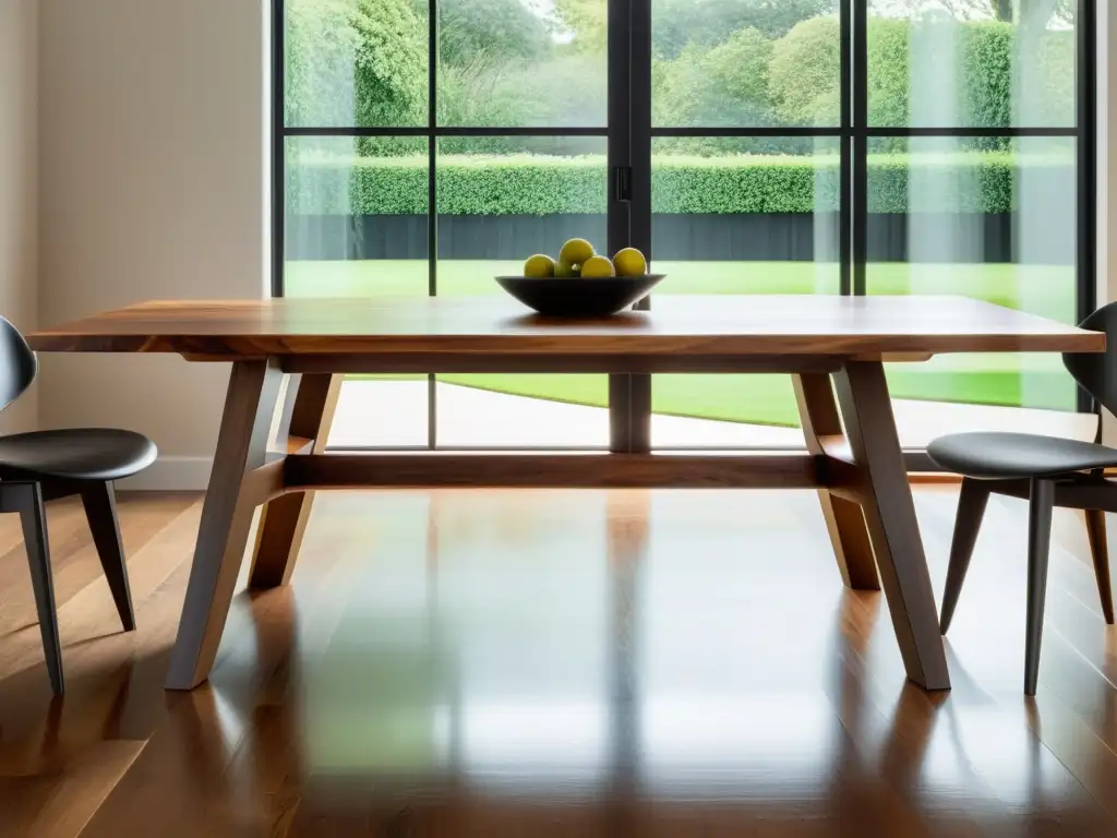 Una mesa de comedor de madera sustentable rodeada por sillas de plástico reciclado, creando un contraste entre materiales naturales y artificiales