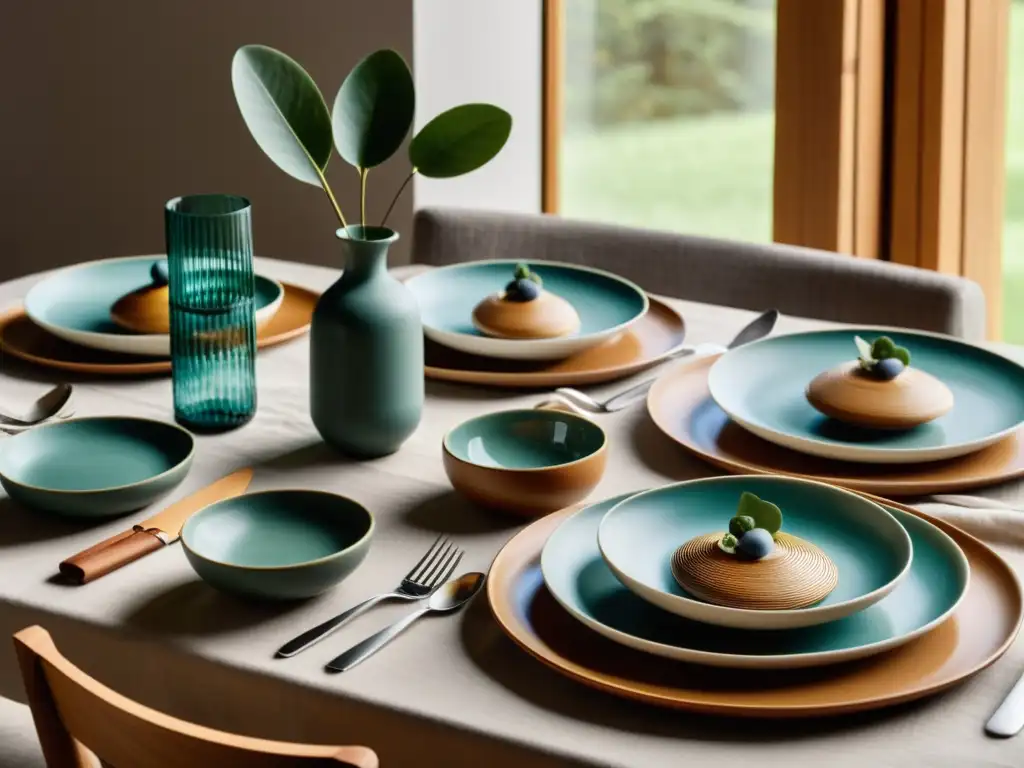 Una mesa elegante con vajillas y cuberterías sostenibles, bañada por luz natural, emana lujo y sofisticación ecoconsciente