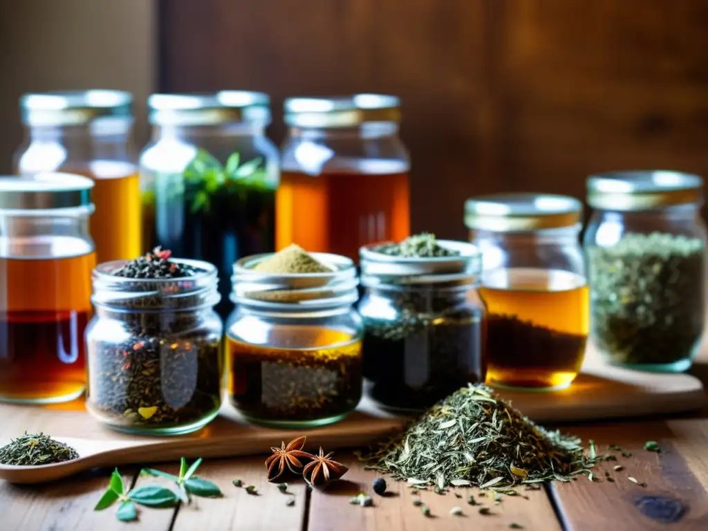 Una mesa de madera rústica con variedad de hojas sueltas de té orgánico, rodeada de frascos de hierbas y especias