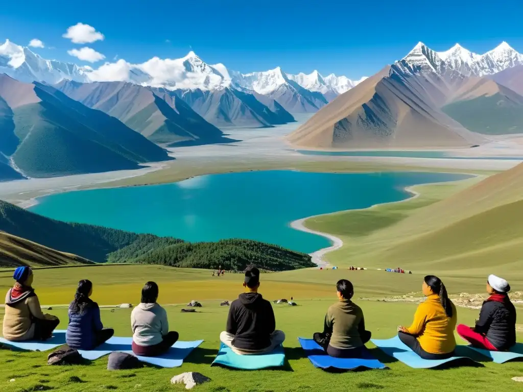 Yoga en la meseta tibetana: paisaje impresionante con montañas nevadas, valles verdes y practicantes de yoga en armonía con la naturaleza