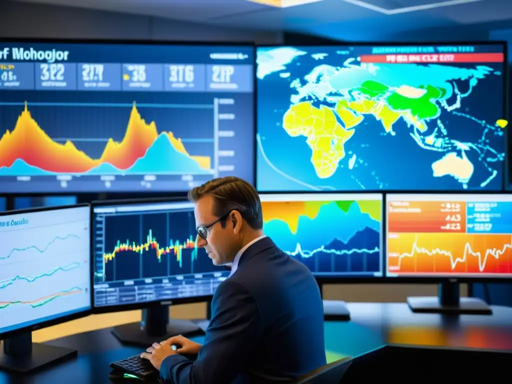 Un meteorólogo analiza datos climáticos en una computadora, rodeado de instrumentos científicos y mapas