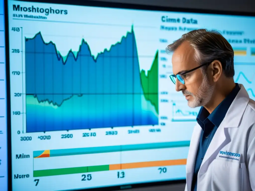 Un meteorólogo analiza gráficos de datos climáticos en un laboratorio moderno, interpretando predicciones de modelos climáticos con determinación