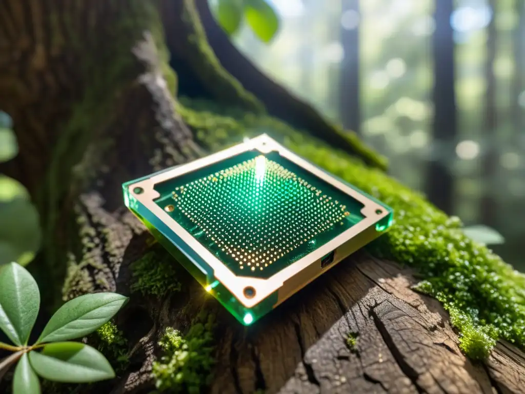 Microchip tecnológico integrado en un árbol, simbolizando la unión de tecnología y naturaleza para la conservación de ecosistemas