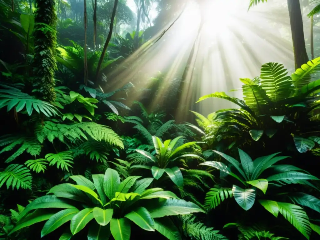 Microclimas en la selva tropical: exuberante bosque con diversa vegetación verde, luz solar filtrada y atmósfera etérea