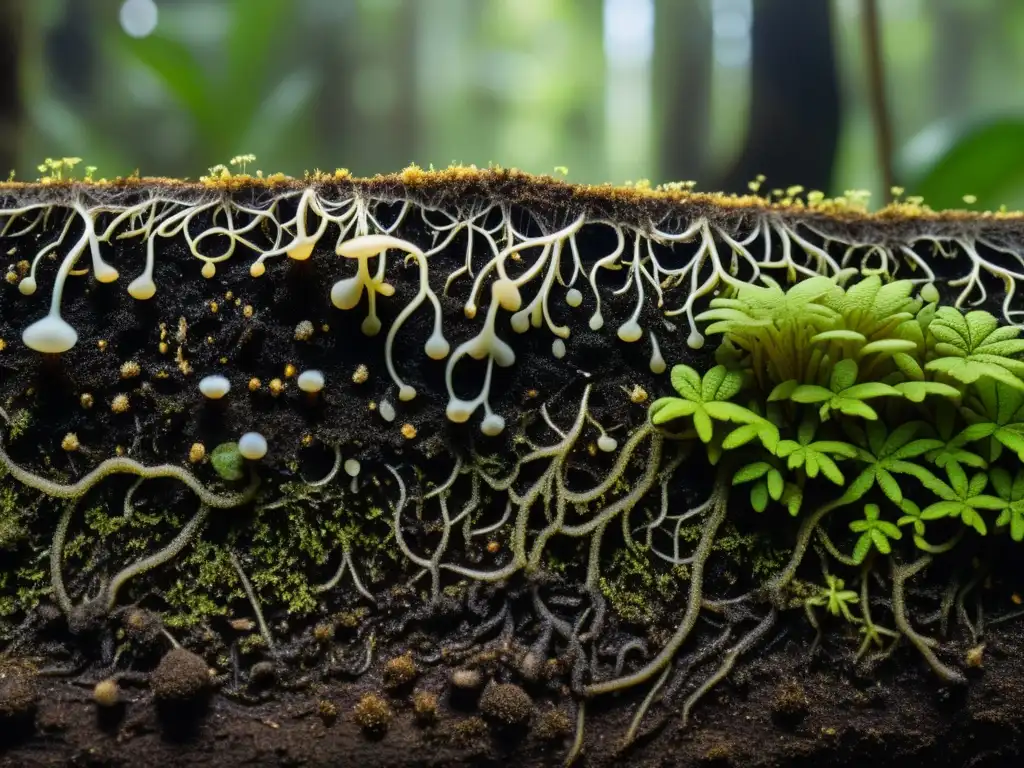 Microcosmos del suelo selvático: Detalle de la vida bulliciosa en la tierra oscura de la selva, con raíces, hongos y microorganismos