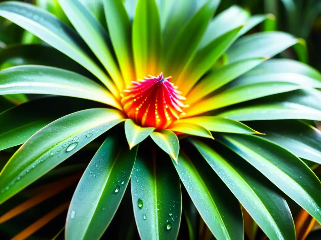 Microecosistema vibrante en bromelia: detallada imagen Un microecosistema vibrante en una bromelia, con agua y vida en sus hojas