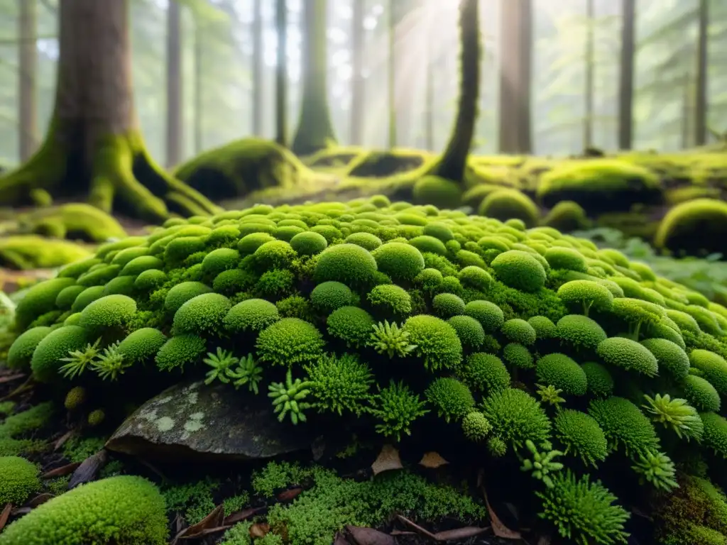 Fotografiando microecosistemas naturales en un bosque cubierto de musgo, con detalles ecosistémicos visibles y luz filtrada entre árboles