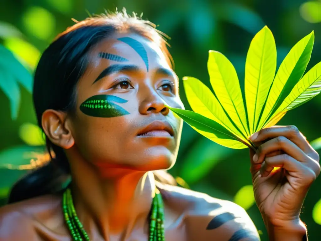 Un miembro indígena de una tribu amazónica recolectando plantas medicinales en la selva, mostrando su profundo conocimiento de la naturaleza