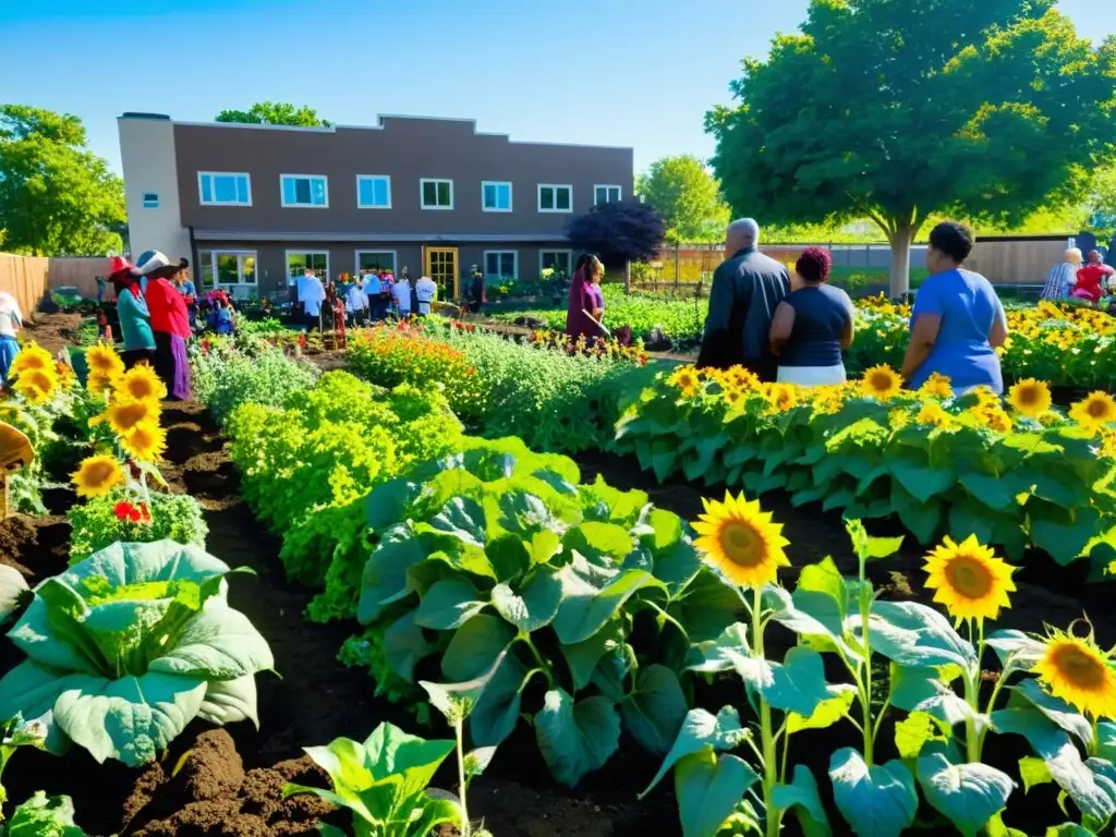 Miembros de la comunidad participan en un jardín comunitario, promoviendo la sostenibilidad y el activismo ecológico