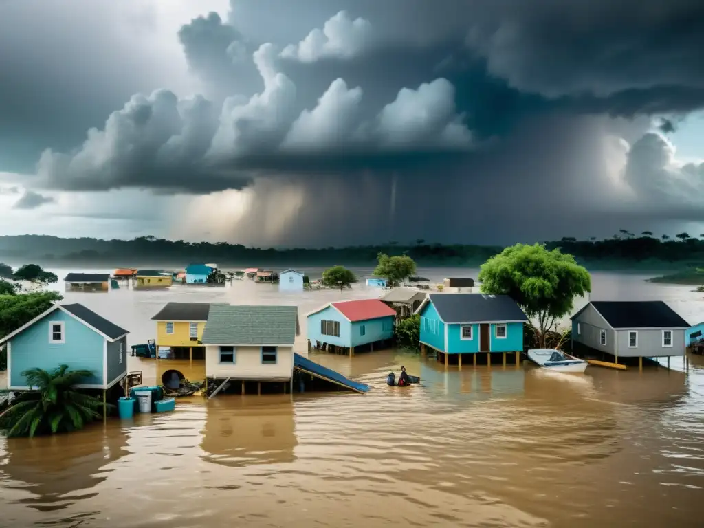 Migración forzada por conflictos climáticos: Aldea costera inundada, residentes luchan por salvar pertenencias bajo cielo nublado