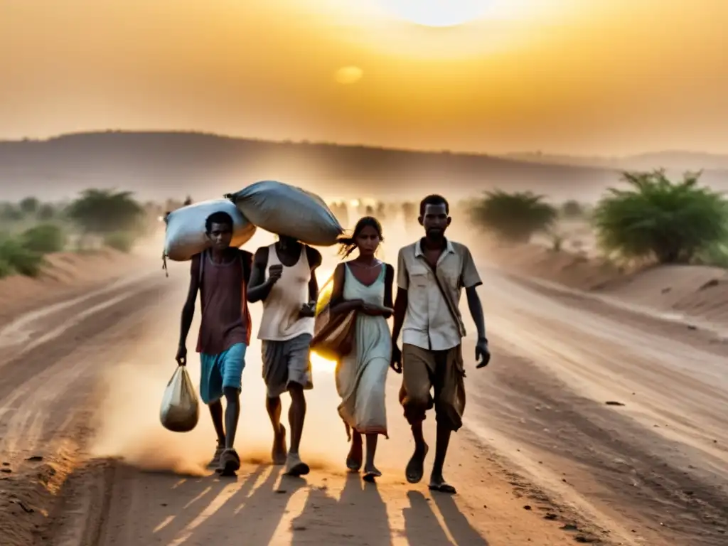 Migración forzada por conflictos climáticos: Grupo de refugiados climáticos caminando cansados bajo el sol abrasador, llevando sus pertenencias