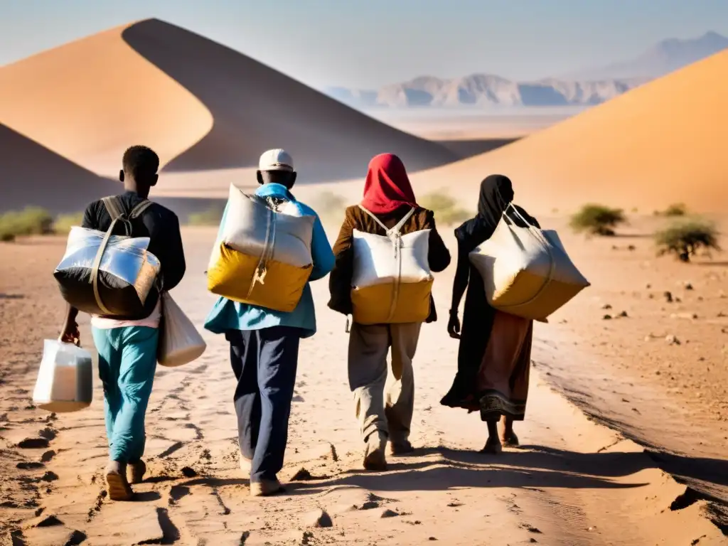 Migración forzada por conflictos climáticos: Personas caminan con sus pertenencias en un paisaje árido y desolado bajo un sol inclemente