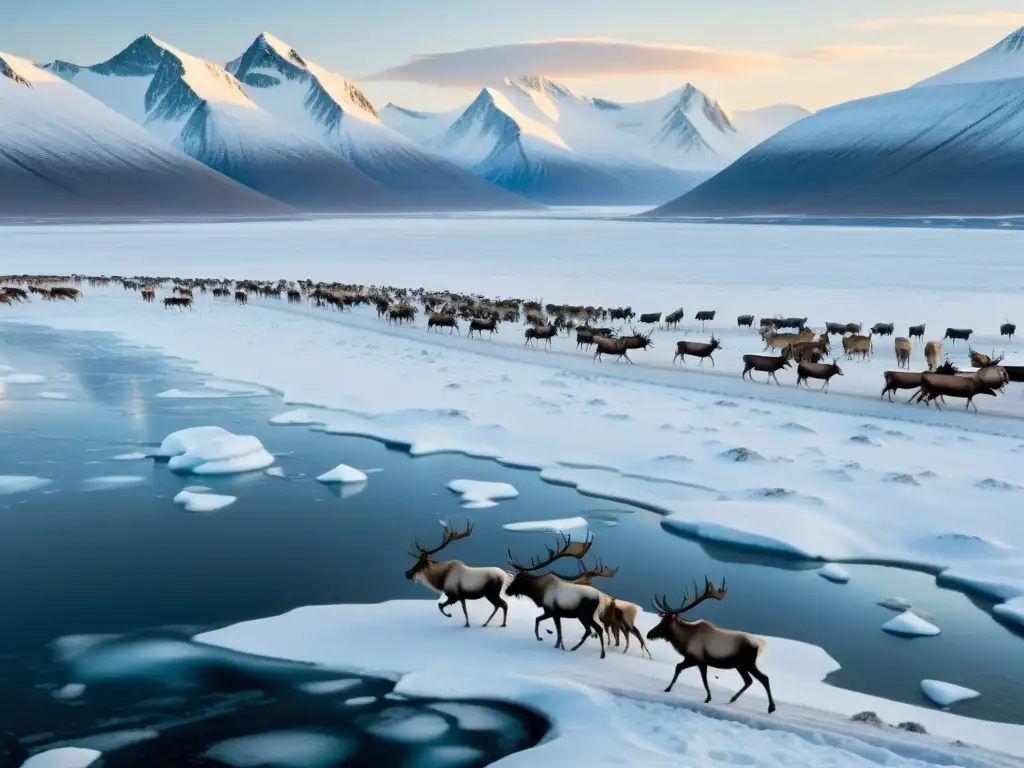 Migraciones masivas de renos y caribúes en el ártico, una escena de maravilla natural con miles de animales en la tundra nevada