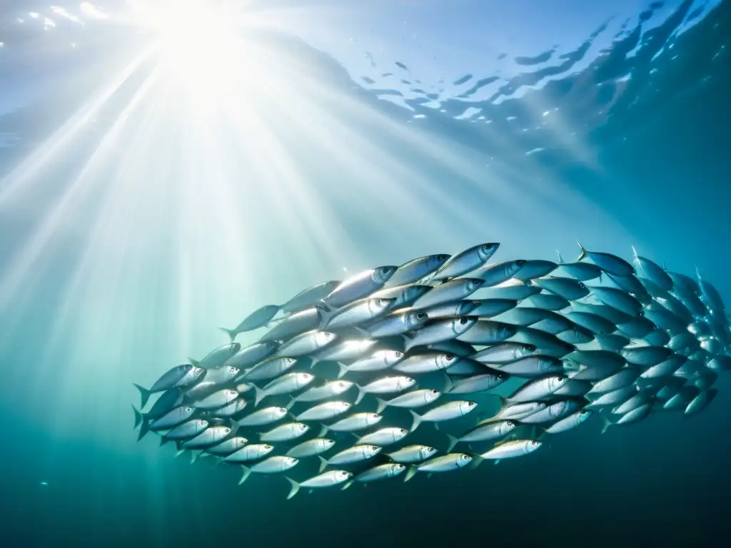 Migraciones masivas vida marina: espectacular cardumen plateado de sardinas en aguas cristalinas, bajo la danza de luz y sombra del sol