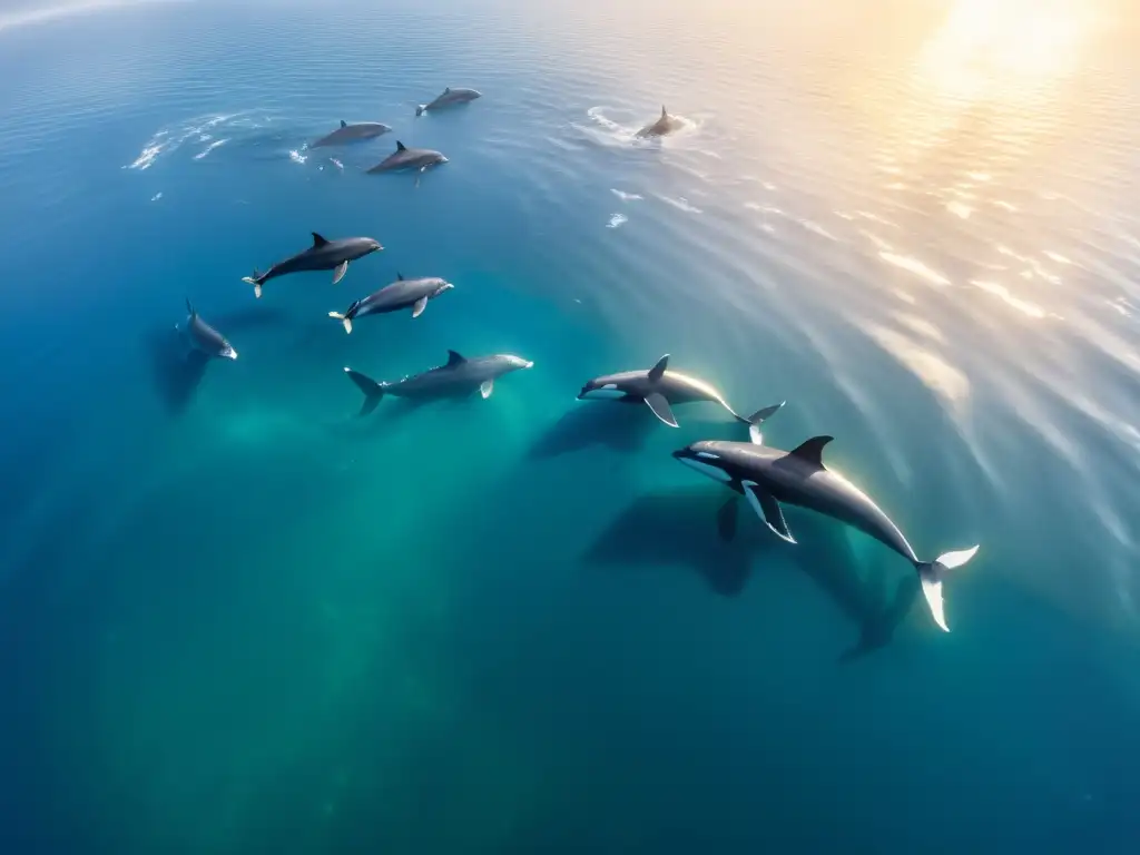 Migraciones masivas de vida marina en el océano, con ballenas y cardúmenes en armoniosa danza submarina