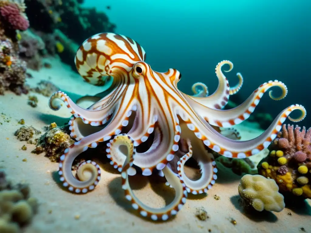 Mimic octopus deslumbrante se camufla con maestría en el lecho marino