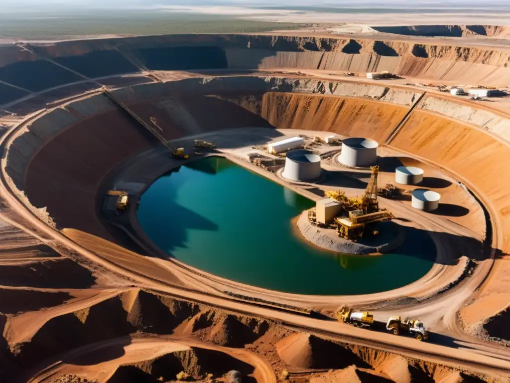 Minería de uranio en un paisaje desolado, con maquinaria pesada y trabajadores