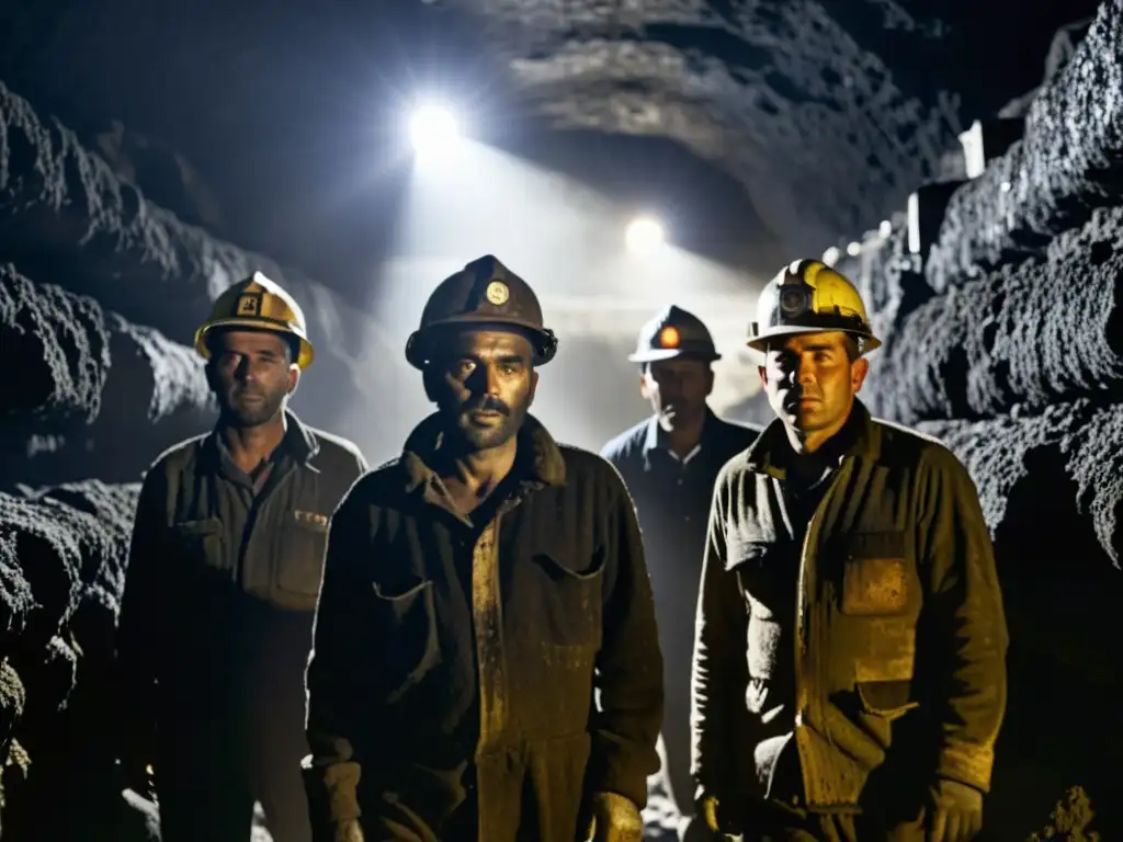 Mineros trabajando en una mina de carbón, con rostros y ropa cubiertos de polvo de carbón