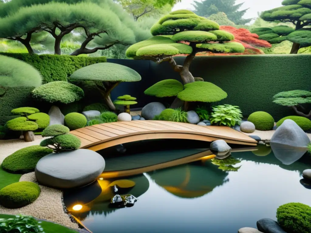 Un jardín minimalista y ecológico con rocas japonesas, estanque tranquilo, bonsáis y paisajismo ecológico minimalista