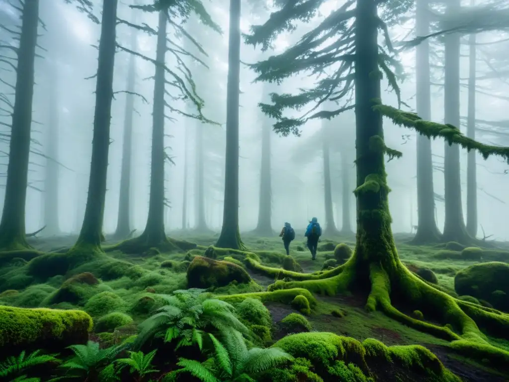 Un misterioso bosque nublado invita a la exploración, con siluetas de exploradores adentrándose en la densa niebla