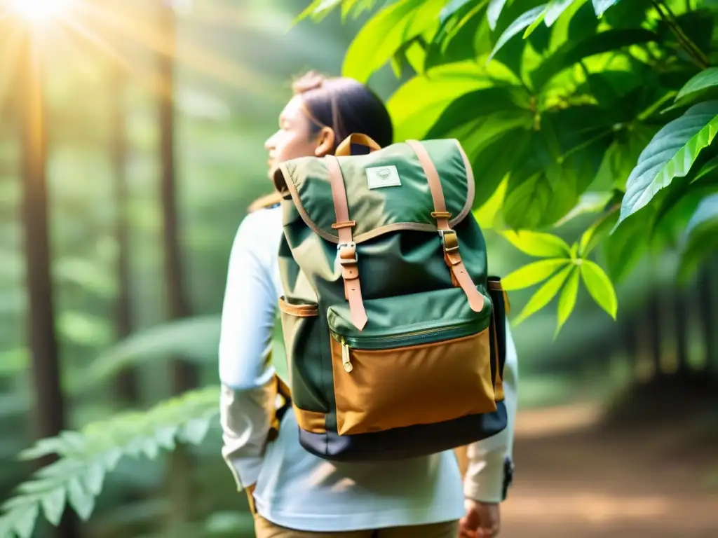 Una mochila de excursionista llena de infusiones orgánicas, resplandeciendo en un bosque exuberante de colores vibrantes