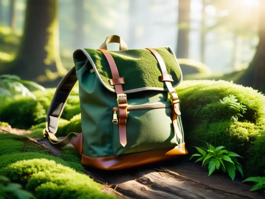 Una mochila rústica artesanal descansa sobre musgo verde en un bosque soleado, rebosante de infusiones orgánicas para mochila