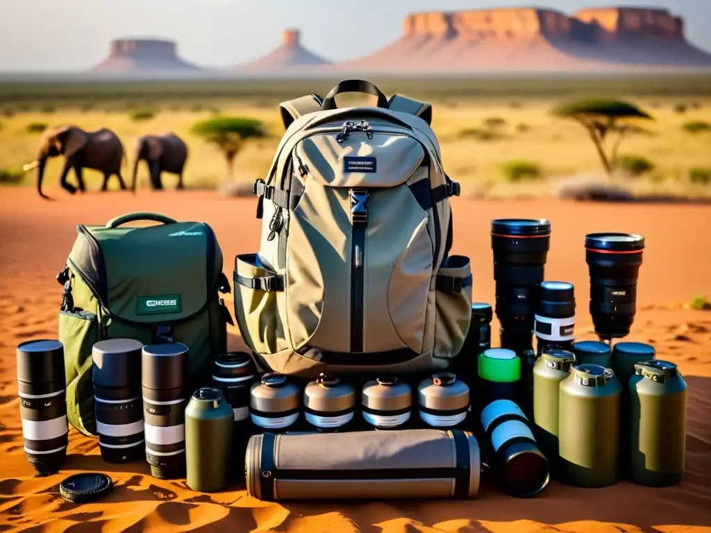 Una mochila de safari fotográfico abierta en la sabana africana con equipo profesional y elefantes al fondo