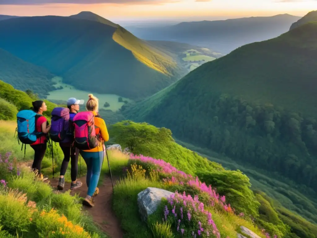 Mochilas ecológicas para exploración: Grupo de excursionistas en el borde de un acantilado montañoso, con una puesta de sol dorada