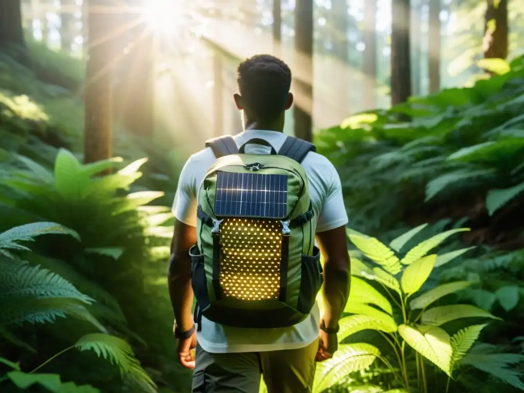 Mochilas con paneles solares integrados: Hiker atravesando un frondoso bosque con mochila solar iluminada por el sol filtrado a través del dosel