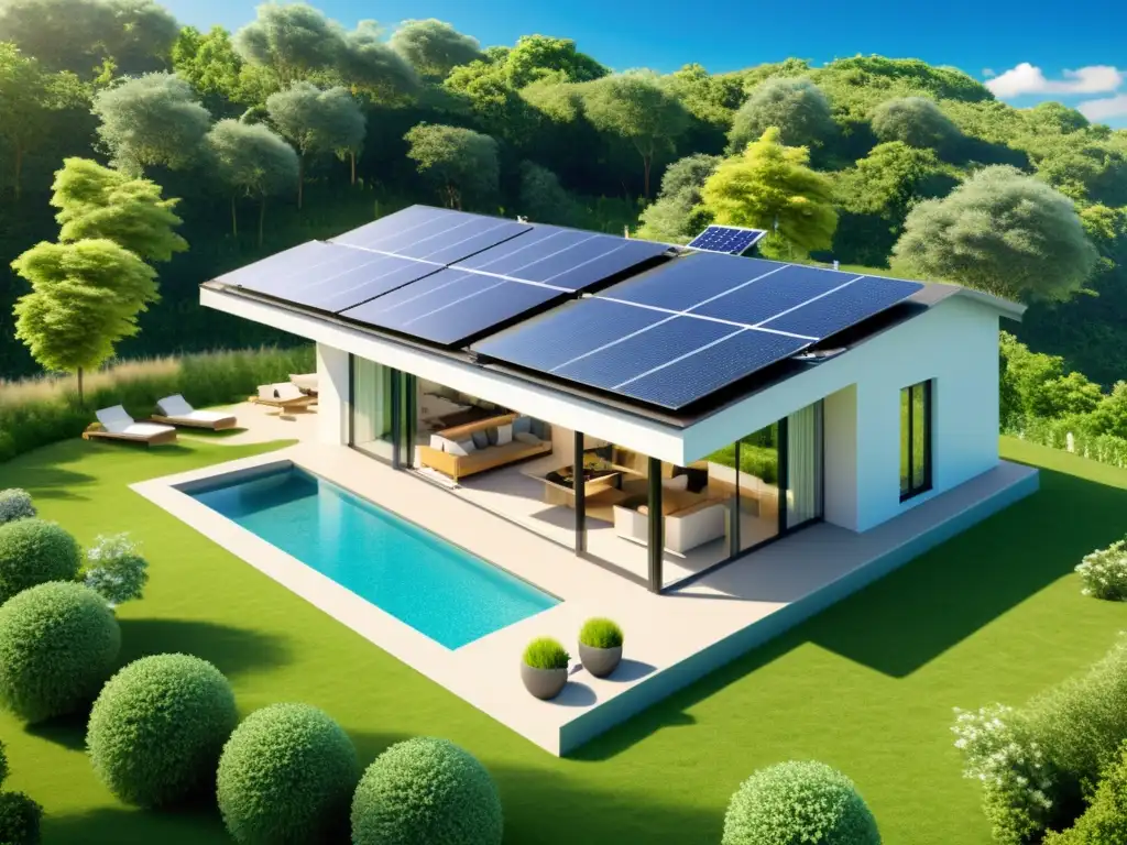 Moderna casa ecoamigable con paneles solares y turbinas eólicas integradas en un entorno natural