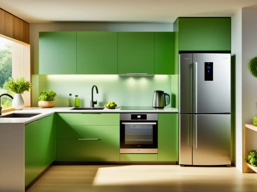 Moderna cocina con electrodomésticos etiqueta verde, creando un ambiente sostenible y acogedor