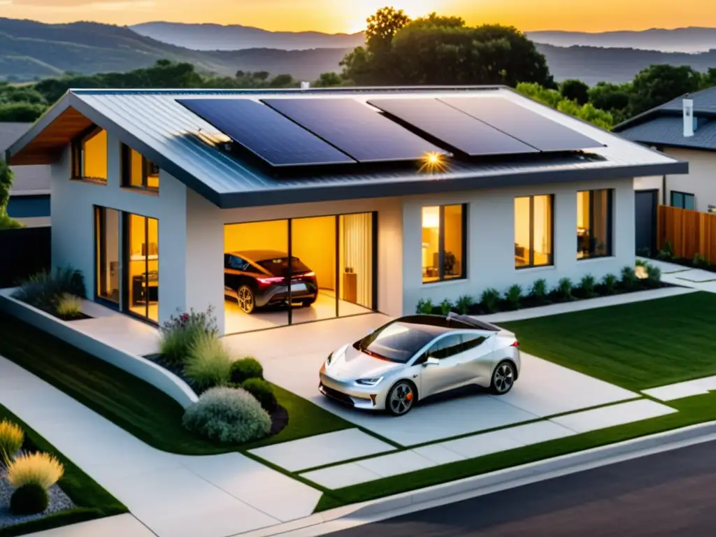 Moderna casa ecológica con dispositivos ahorro energía, paneles solares, turbina eólica y coche eléctrico