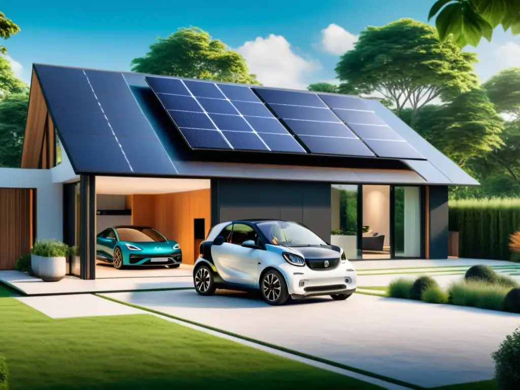 Moderna casa ecológica con paneles solares, auto eléctrico y dispositivos ahorro energía hogar ecológico